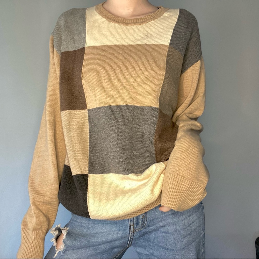 Haggar Vintage Brown Neutral Colorblock Grandpa Oversized Sweater Size L